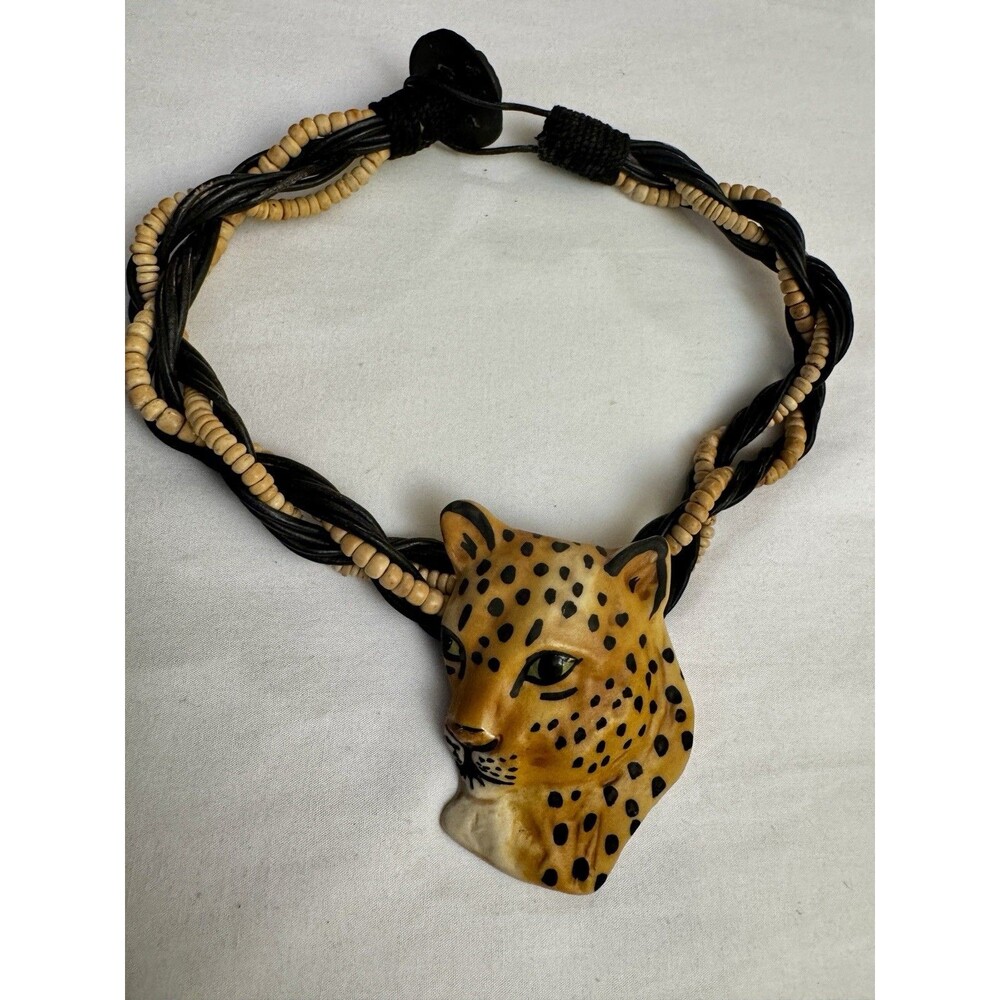Vintage Signed Carol Halmy Porcelain Cheetah Necklace